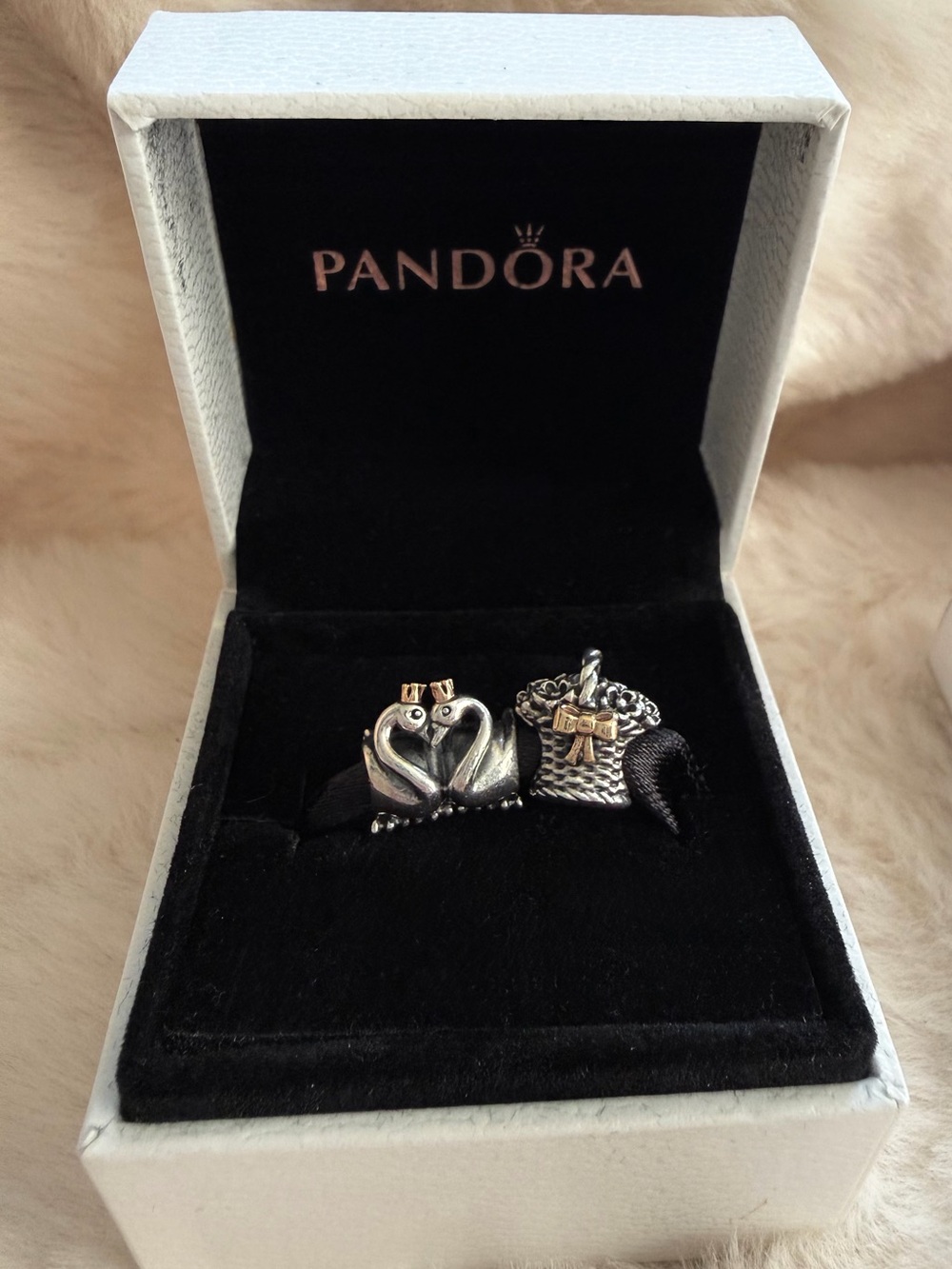 Pandora “Swan Embrace” and “Forever Bloom” Basket of Flowers Two-Tone Charm Set